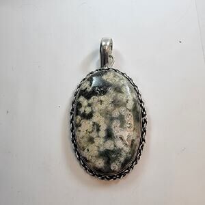 Necklace Pendants Ocean Jasper Oval in Sterling Silver with Twisted Rope Frame
